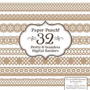 32 Premium Champagne Paper Punch Lace Borders Clipart & Vectors - Beige Lace Border, Scrapbook Borders, Digital Lace, Lace Vector