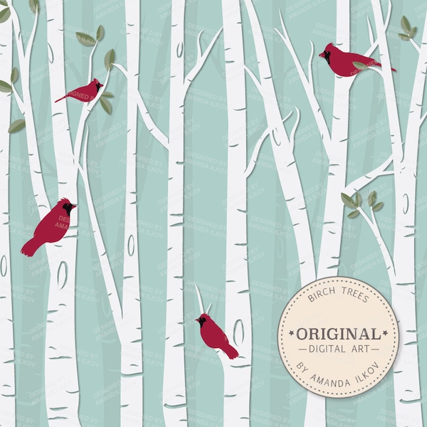 Premium Birch Tree Clipart & Vector Set - Birch Tree Clip Art, Birch Clipart, Birch Tree Vectors, Birch Vectors, Cardinal Clipart, Cardinals