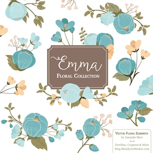 Emma Floral Bunches Clipart & Vectors - vintage flowers, teal flowers, flower clipart, floral clipart, wedding flowers