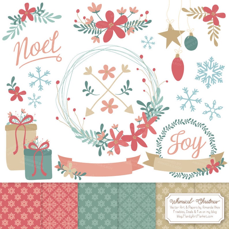 May include: Whimsical Christmas digital clipart featuring a wreath with red flowers, a banner, a gift box, snowflakes, and the words "Noet" and "Joy".