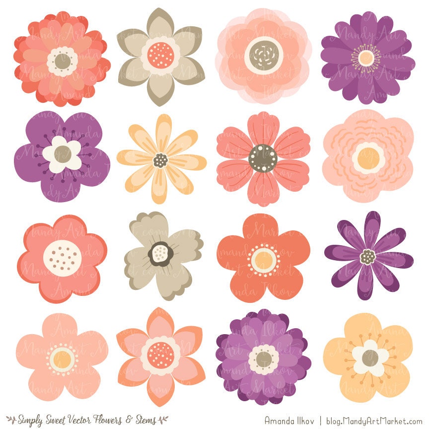 Cute Flowers Clipart in Antique Peach - Antique Peach Vector Flowers