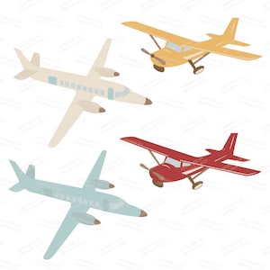 May include: Four different types of airplanes in various colors, including a light blue, light beige, yellow, and red airplane. The airplanes are all facing the same direction and are drawn in a cartoon style.