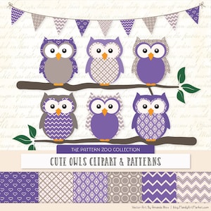 Patterned Purple Owls Clipart and Digital Papers - purple Owl Clipart, Owl Vectors, Baby Owls, Cute Owls