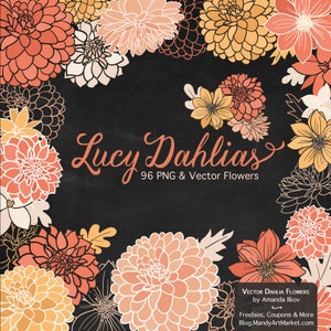 May include: A digital illustration of 96 pink, orange, and yellow dahlia flowers with white outlines on a black background. The text "Lucy Dahlias 96 PNG & Vector Flowers" is at the center of the image. The text "VECTOR DAHLIA FLOWERS by Amanda Ilkov Freebies, Coupons & More Blog.MandyArtMarket.com" is at the bottom of the image.