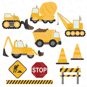 May include: A collection of yellow construction vehicles and safety signs. Includes a bulldozer, cement mixer, crane, dump truck, excavator, traffic cones, a stop sign, and a construction sign.