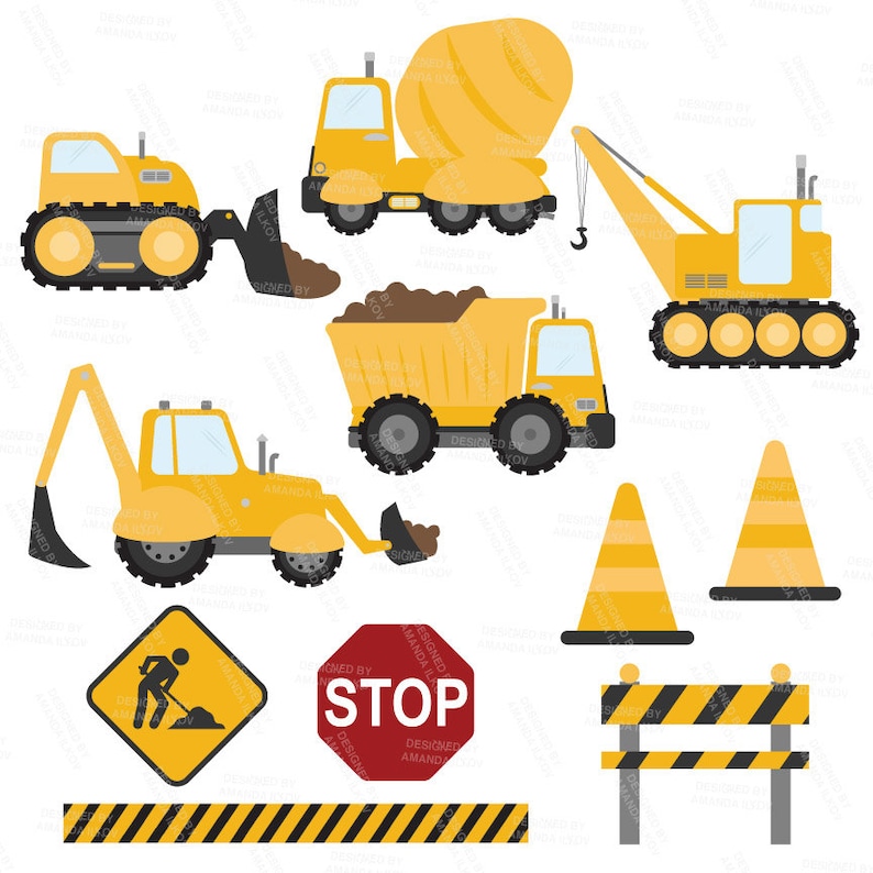 May include: A collection of yellow construction vehicles and safety signs. Includes a bulldozer, cement mixer, crane, dump truck, excavator, traffic cones, a stop sign, and a construction sign.