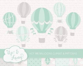 Mint Hot Air Balloons Clipart with Digital Papers - mint hot air balloons clipart, hot air balloons vectors