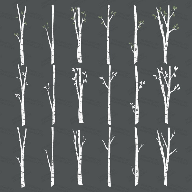 May include: A set of 18 white birch tree illustrations with green leaves, drawn on a black background. The trees are various heights and have different branch patterns.