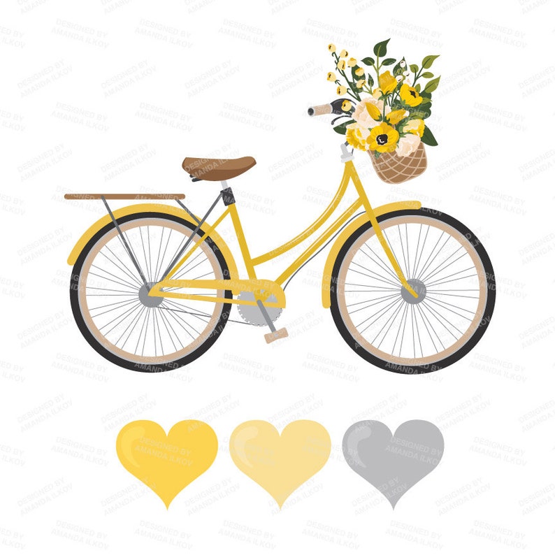 May include: A yellow bicycle with a wicker basket filled with yellow and white flowers. The bicycle has a brown seat and handlebars. There are three hearts below the bicycle: one yellow, one light yellow, and one gray.