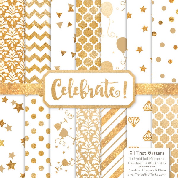 Premium Gold Foil White Digital Papers - party patterns, party digital papers, gold digital papers, gold patterns, foil patterns
