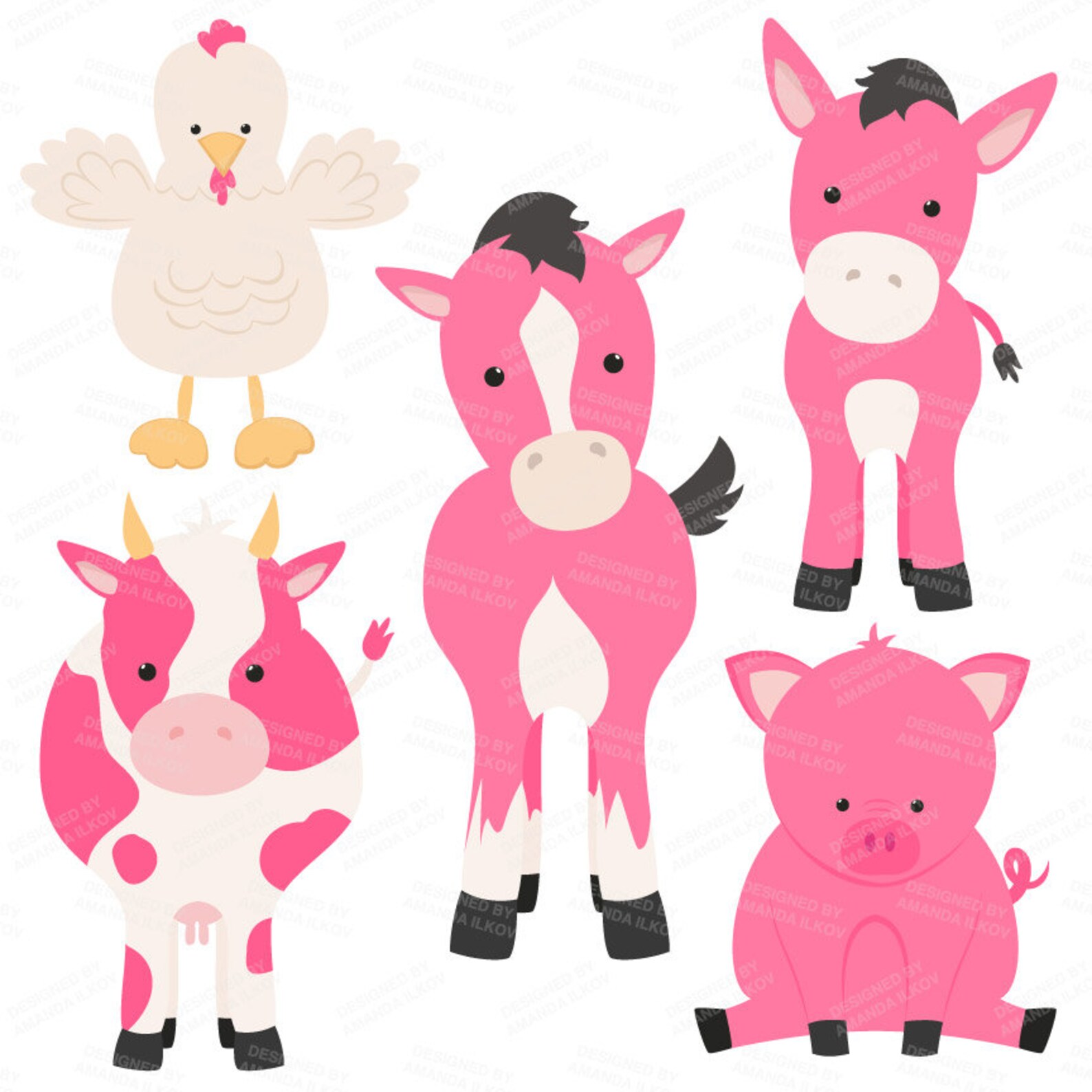 Premium Hot Pink Farm Animals Clip Art & Vectors - Pink Farm Animals ...