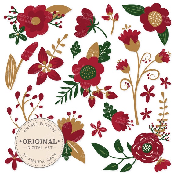 Premium Christmas Flowers Clipart Floral Vectors Christmas Etsy