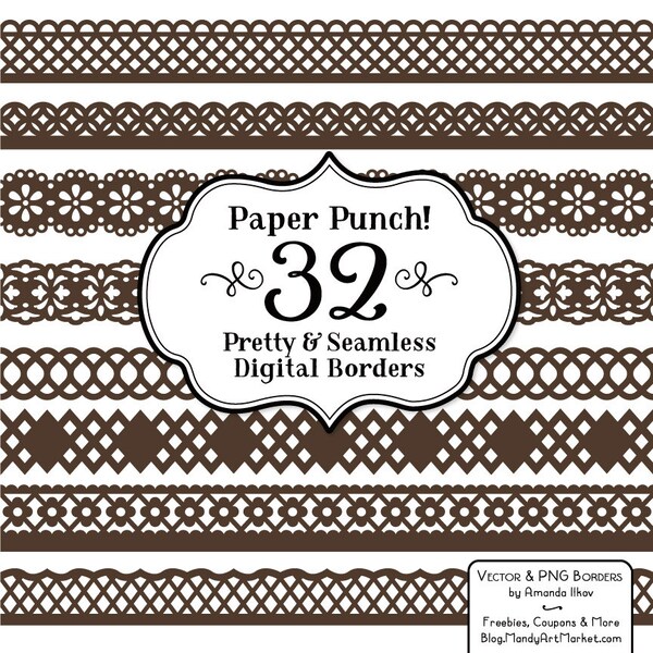 32 Premium Chocolate Paper Punch Lace Borders Clipart & Vectors - Brown Lace Border, Scrapbook Borders, Digital Lace, Lace Vector