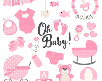 Premium Baby Clipart - Vecteurs en rose - Pink Baby Clip Art, Baby Girl Shower Clipart, Baby Vectors, Baby Shower Vectors