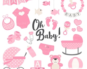 Premium Baby Clipart & Vectors in Pink - Pink Baby Clip Art, Baby Girl Shower Clipart, Baby Vectors, Baby Shower Vectors