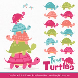 May include: A set of 12 digital clipart images of cute cartoon turtles in various colors, including pink, green, blue, and peach. The turtles are in different positions, some are stacked on top of each other, and some are walking. The text "Tipsy Turtles" is written in pink and black letters.