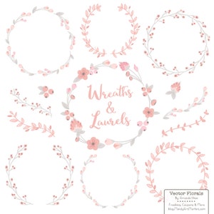 Corone floreali e allori in rosa tenue - Ghirlanda di fiori rosa tenue, Ghirlanda rosa morbida, Clipart di ghirlanda, Clipart di alloro
