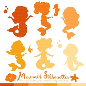 Professional Mermaid Silhouettes Clipart in Shades of Yellow - yellow Mermaids, Mermaid Clipart, Mermaid Vectors