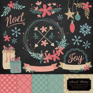 May include: Whimsical Christmas digital clipart set featuring a wreath with pink flowers and green leaves, a banner with the word "Joy", a snowflake pattern, and the words "Noel" and "Whimsical Christmas".