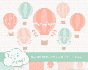 Mint & Peach Hot Air Balloons Clipart with Digital Papers - mint and peach hot air balloons clipart, hot air balloons vectors