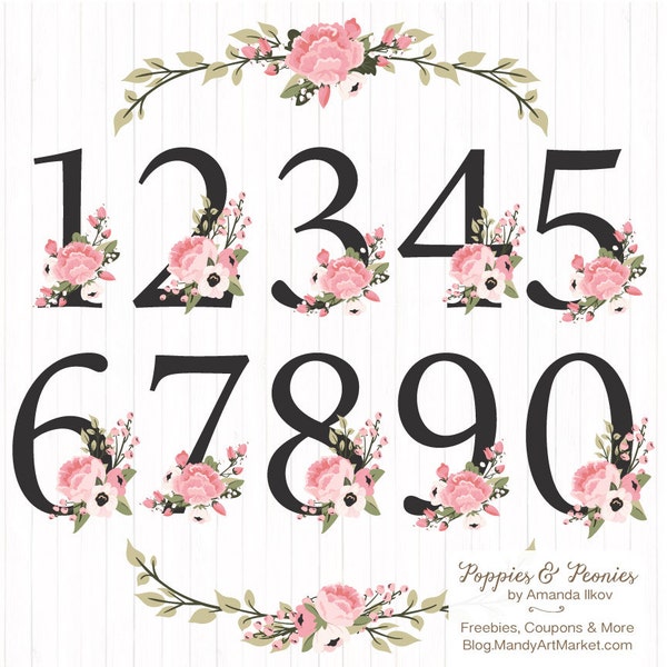 Premium Floral Numbers Clipart & Vectors - Soft Pink Flower Numbers Clipart, Wedding Vectors, Wedding Flowers, Table Numbers, Poppy Clipart