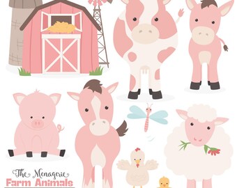 Premium Soft Pink Farm Animals Clip Art & Vectors - Soft Pink Farm Animals Clipart, Farm Animal Vectors, Barn Yard Clipart, Cow Clip Art