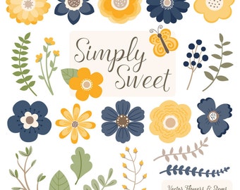 Cute Flowers Clipart in Navy & Lemon - Navy and Yellow Vector Flowers, Navy and Yellow Clipart Flowers, Floral Clipart, Simple Flowers