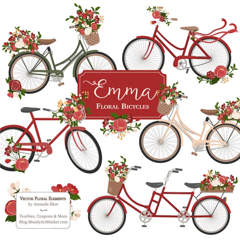 May include: Four red, white, and green bicycles with floral accents. The bicycles have baskets filled with flowers. The text "Emma Floral Bicycles" is on a red banner.