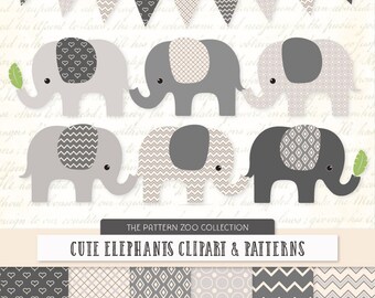 Patterned Grey Elephants Clipart and Digital Papers - grey Elephant Clipart, Elephant Vectors, Baby Elephants, Cute Elephants