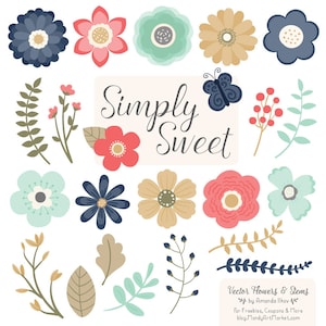 May include: A set of digital illustrations featuring flowers and stems in various colors, including blue, pink, green, and yellow. The illustrations are in a simple, cartoon style and are perfect for use in digital scrapbooking, card making, and other craft projects. The text "Simply Sweet" is included in the image.