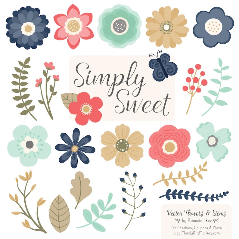 May include: A set of digital illustrations featuring flowers and stems in various colors, including blue, pink, green, and yellow. The illustrations are in a simple, cartoon style and are perfect for use in digital scrapbooking, card making, and other craft projects. The text "Simply Sweet" is included in the image.