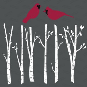 May include: Two red cardinals perched on white birch trees with black silhouettes. The trees have a white bark pattern.