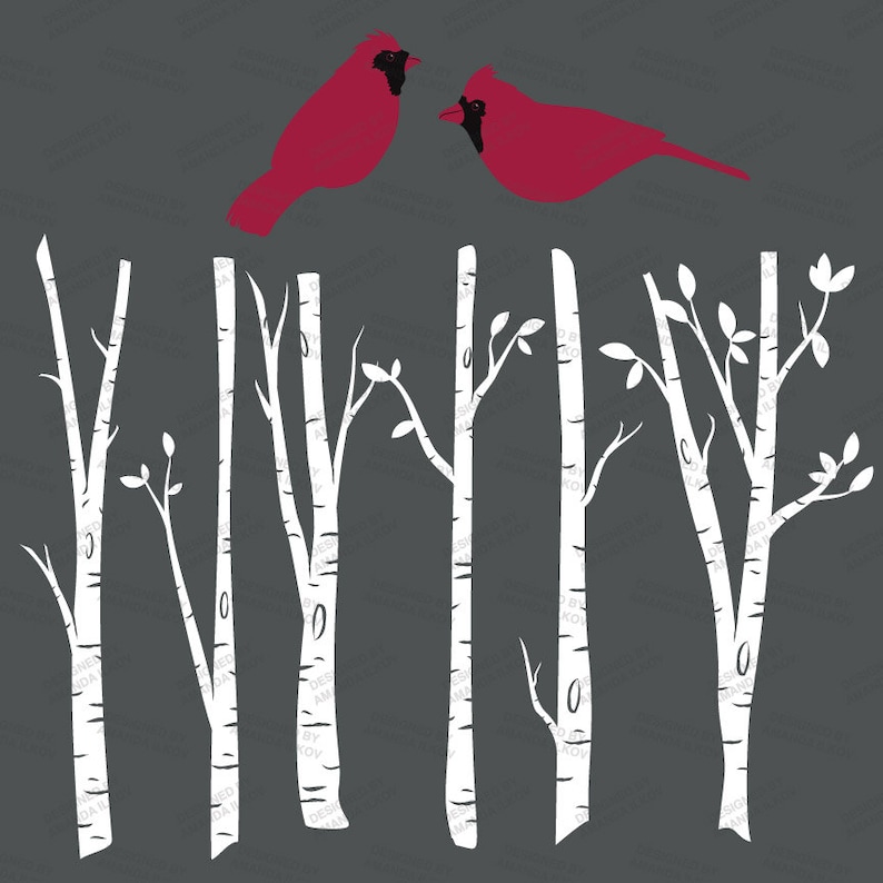 May include: Two red cardinals perched on white birch trees with black silhouettes. The trees have a white bark pattern.