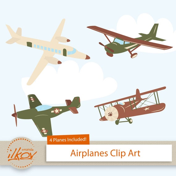 Professional Airplane Clipart for Digital Scrapbooking, Crafting, Invitations, Web - Green and Brown Airplanees