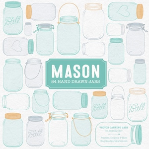 May include: A set of 84 hand-drawn mason jar illustrations in various sizes and styles. The jars are outlined in black and filled with a light blue color. Some jars have lids, while others have handles. The text "MASON" and "84 HAND DRAWN JARS" is displayed in a teal blue box.
