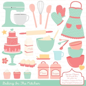 Professional Baking Clipart & Vectors in Mint and Coral - Kitchen Clipart,  Baking Vectors, Baking Clip Art, Cooking Clipart, Apron Clipart