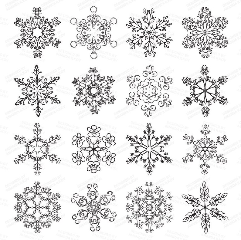 K&ouml;nnte beinhalten: Ein Satz von 12 schwarz-wei&szlig;en Schneeflocken-Illustrationen. Jede Schneeflocke hat ein einzigartiges Design mit filigranen Details.