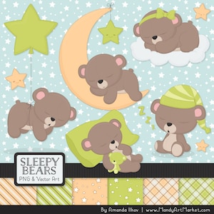 Professional Bamboo Sleepy Bears Clipart - Bamboo Bedtime Bears Clipart, Teddy Bear Vectors, Sleeping Bears