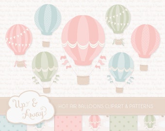 Grandmas Garden Hot Air Balloons Clipart with Digital Papers - pastel hot air balloons clipart, hot air balloons vectors