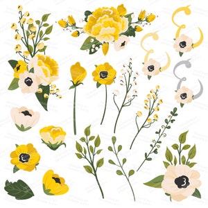 May include: A collection of yellow and white floral illustrations, including single flowers, bouquets, and sprigs of leaves. These digital illustrations are perfect for adding a touch of spring to your designs.
