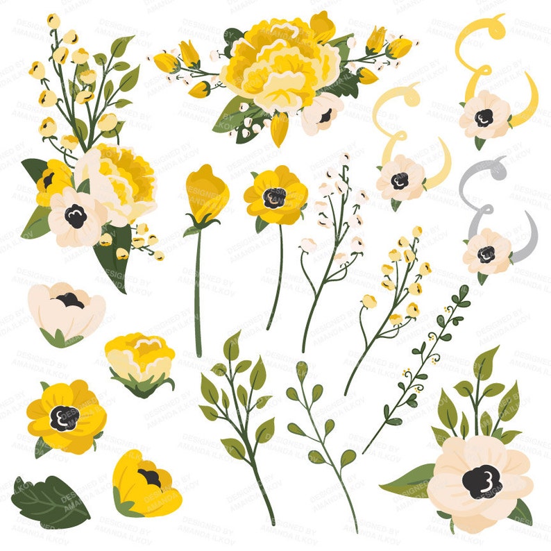 May include: A collection of yellow and white floral illustrations, including single flowers, bouquets, and sprigs of leaves. These digital illustrations are perfect for adding a touch of spring to your designs.
