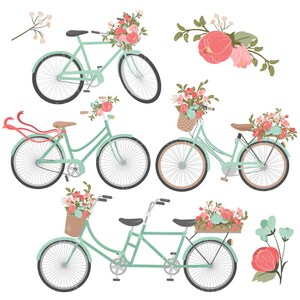 May include: A set of four vintage-style bicycles with floral accents. The bicycles are painted in a light green color and feature baskets filled with pink and white flowers. The bicycles are isolated on a white background.