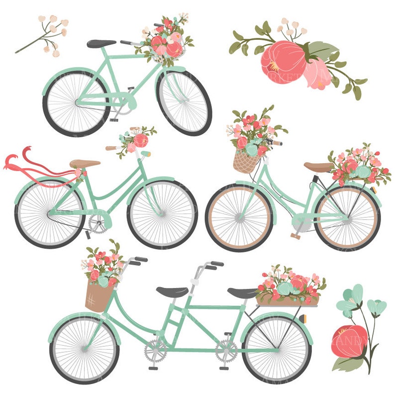 May include: A set of four vintage-style bicycles with floral accents. The bicycles are painted in a light green color and feature baskets filled with pink and white flowers. The bicycles are isolated on a white background.