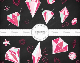 Premium Hand Drawn Diamond Clip Art, Diamond Vectors - Pink Diamonds, Diamonds Clip Art, Diamonds Clipart, Gem Clipart, Gemstones Clip Art