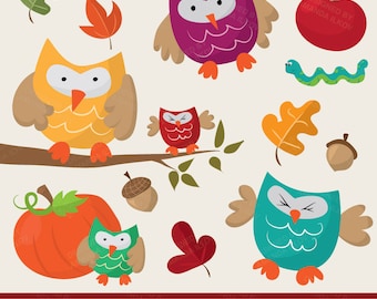 Premium Fun, Bright Autumn Owls Clip Art & Digital Paper Set - Owl Clipart, Autumn Owls, Baby Owls, Fall Owls, Fall Clip Art, Bright Owls
