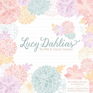May include: A digital illustration of 96 pastel-colored dahlia flowers in various shades of pink, purple, yellow, and blue. The flowers are arranged in a border around the text "Lucy Dahlias 96 PNG & Vector Flowers".