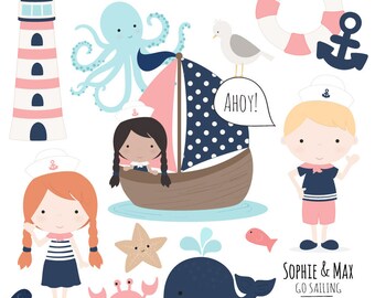 Cute Sailing Clipart in Navy & Pink - Cute Nautical Clipart, Nautical Vectors, Kids Nautical, Sailing Vectors, Sailboat, Octopus