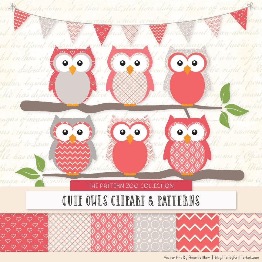 Patterned Coral Owls Clipart and Digital Papers - coral Owl Clipart, Owl Vectors, Baby Owls, Cute Ow