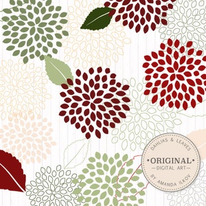 May include: A digital art print featuring a pattern of red, green and cream dahlias and leaves. The print includes the text "Dahlias & Leaves - Original Digital Art - by Amanda Ilkov".