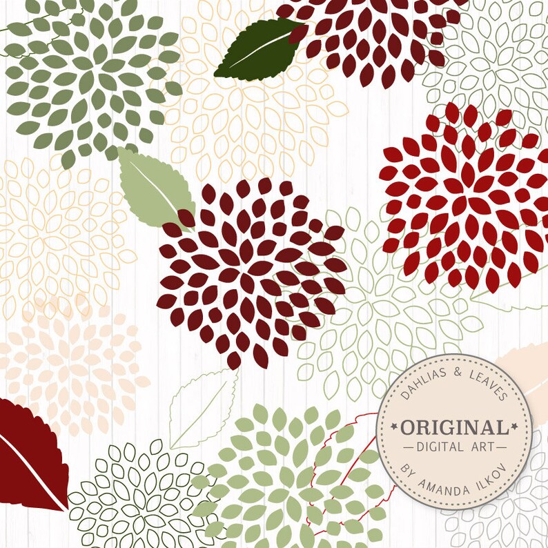 May include: A digital art print featuring a pattern of red, green and cream dahlias and leaves. The print includes the text "Dahlias & Leaves - Original Digital Art - by Amanda Ilkov".